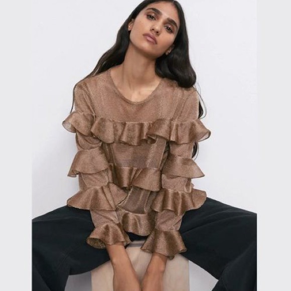 ZARA | Cropped Ruffled & Sheer Metallic Top - Picture 2 of 6